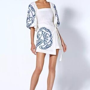 Alexis White Mini Dress with Blue Embroidery